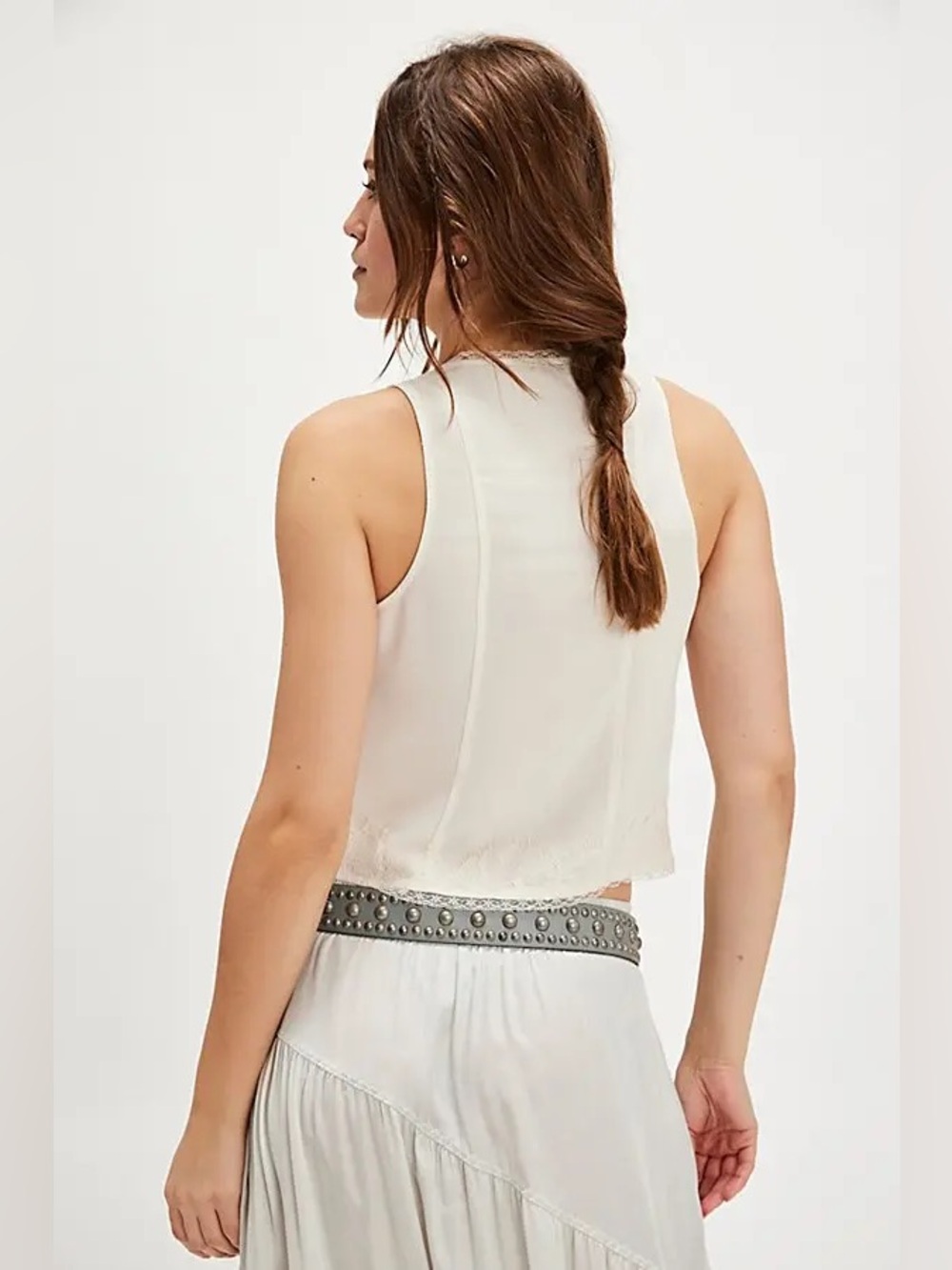 Free People Jaida Vest Top Tofu Ivory Eyelash Lace Button Front Tie XS - Picture 2 of 14